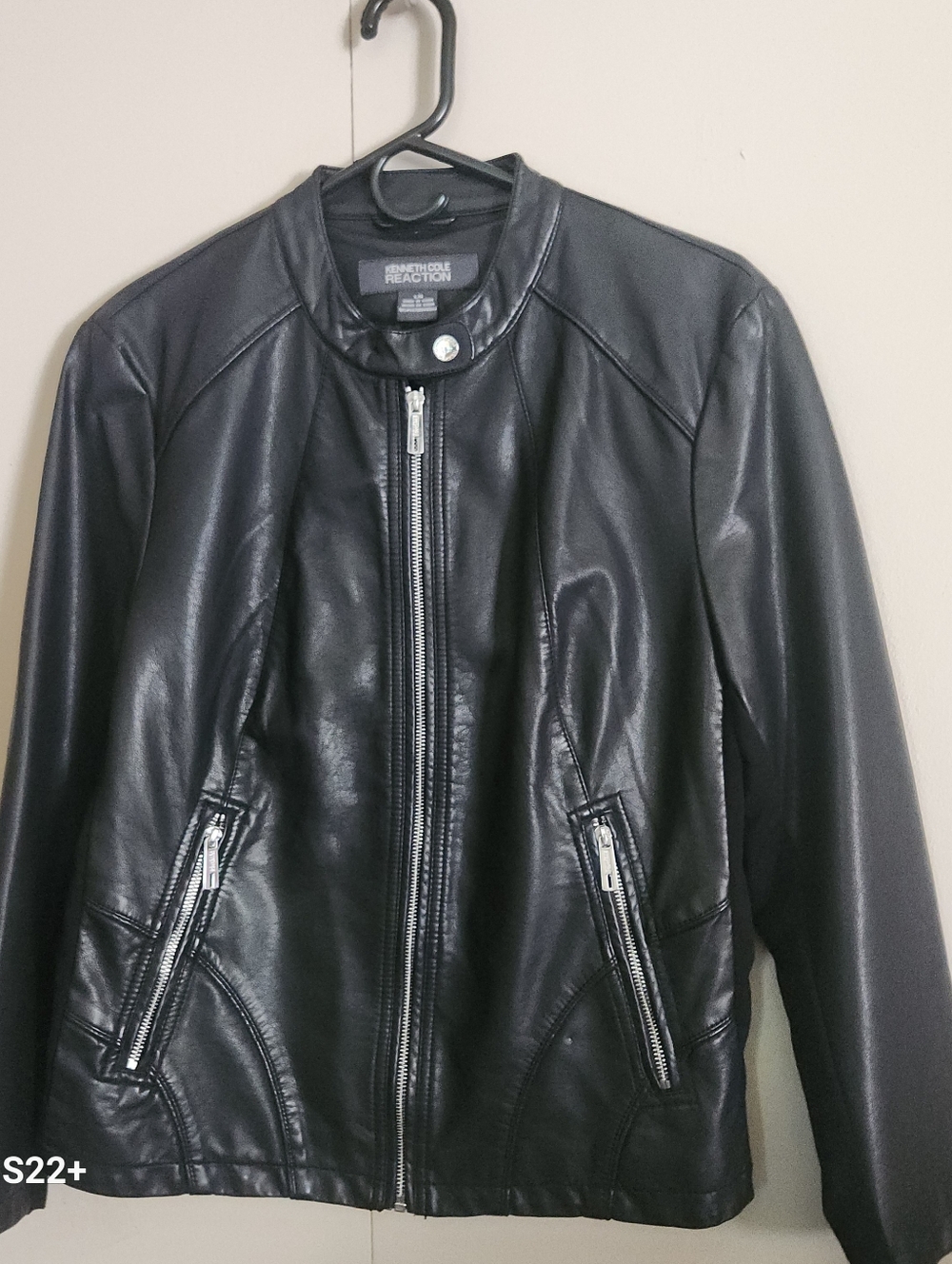Kenneth Cole Reaction Black Faux Leather Zip-Front Performance Jacket